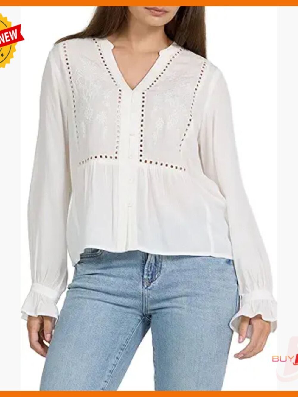 Long Sleeve V Neck Rayon Top with Embroidered Detail Relaxed Fit